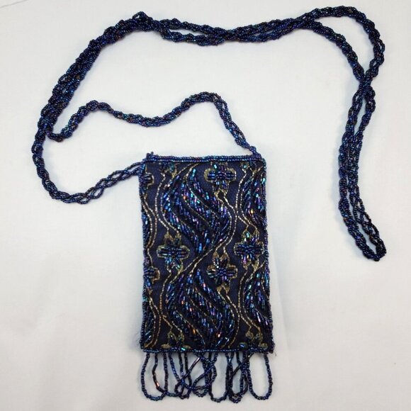 Vintage Blue Beaded Evening Bag With Fringe & Strap - Picture 7 of 12